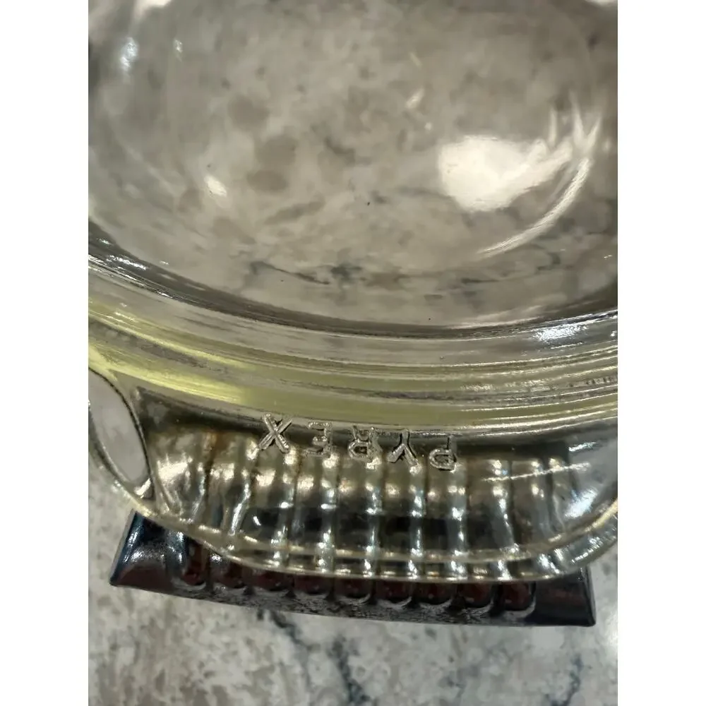 Vintage Pyrex Glass Casserole Dish  w Silver-plated Metal Serving Stand